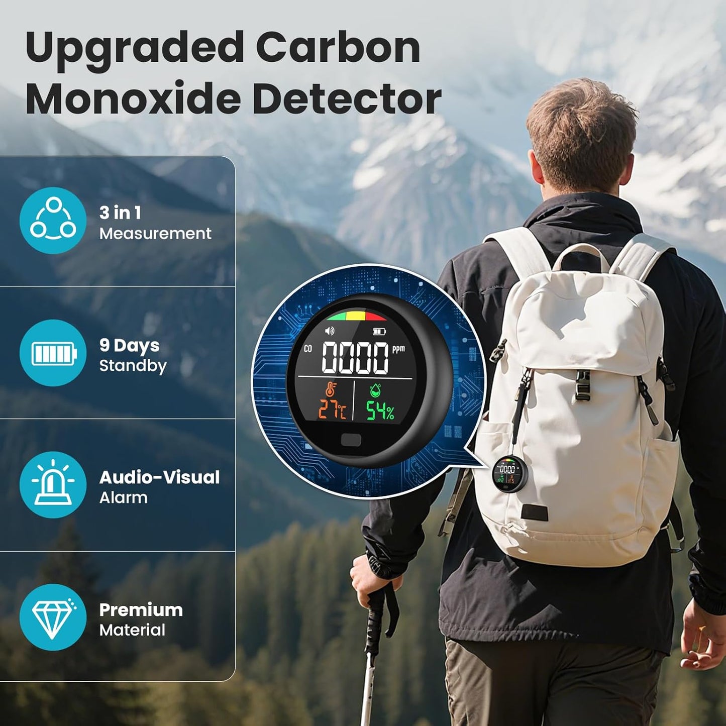 Portable Carbon Monoxide Detector for Travel - 3-in-1 Rechargeable CO Monitor with Temp & Humidity Sensor, Loud Audible & Visual Alarm, 220H Standby CO Detector for Hotel, Car, RV & Home (Black)