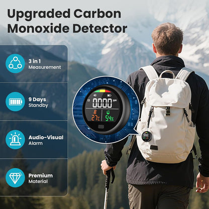 Portable Carbon Monoxide Detector for Travel - 3-in-1 Rechargeable CO Monitor with Temp & Humidity Sensor, Loud Audible & Visual Alarm, 220H Standby CO Detector for Hotel, Car, RV & Home (Black)