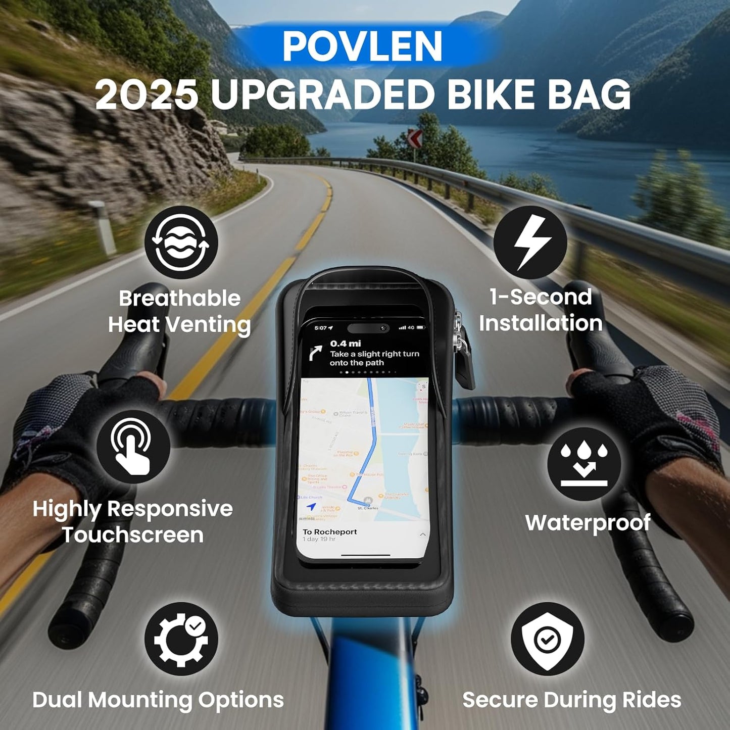 Waterproof Bike Frame Bag - Bike Phone Holder Touchscreen Bicycle Top Tube Bag for Cycling, Large Storage Bike Bag Fits Phones Under 7" for Road Bike