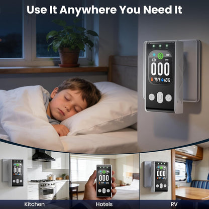 Carbon Monoxide Detectors Plug in - 3 in 1 Carbon Monoxide Detector Plug in Wall with Temp Humidity Sensor 24/7 CO Detector with Clear LCD Display Sound & Light Alarming for Home Kitchen RV Travel