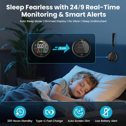Portable Carbon Monoxide Detector for Travel - 3-in-1 Rechargeable CO Monitor with Temp & Humidity Sensor, Loud Audible & Visual Alarm, 220H Standby CO Detector for Hotel, Car, RV & Home (Black)