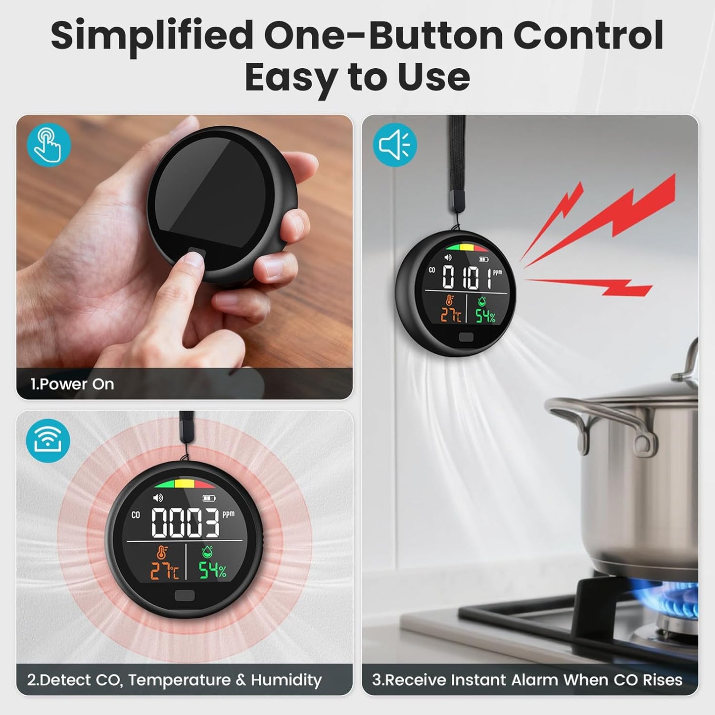 Portable Carbon Monoxide Detector for Travel - 3-in-1 Rechargeable CO Monitor with Temp & Humidity Sensor, Loud Audible & Visual Alarm, 220H Standby CO Detector for Hotel, Car, RV & Home (Black)
