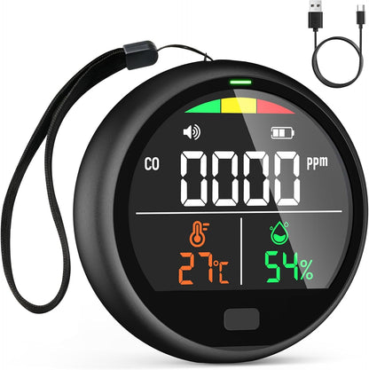 Portable Carbon Monoxide Detector for Travel - 3-in-1 Rechargeable CO Monitor with Temp & Humidity Sensor, Loud Audible & Visual Alarm, 220H Standby CO Detector for Hotel, Car, RV & Home (Black)